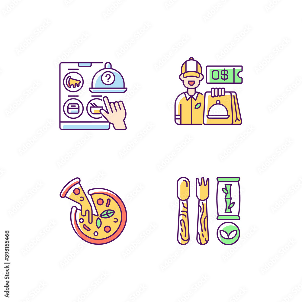 Restaurant delivery service RGB color icons set. Free delivery coupon. Choosing restaurant. Pizza. Disposable cutlery. Italian origin dish. Eco-friendly alternatives. Isolated vector illustrations
