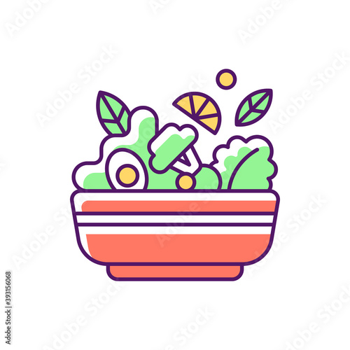 Salads RGB color icon. Lunch and dinner delivery. Leafy greens and salad dressing. Fresh vegetables. Healthy all-natural food for vegetarians. Organic, plant-based meals. Isolated vector illustration