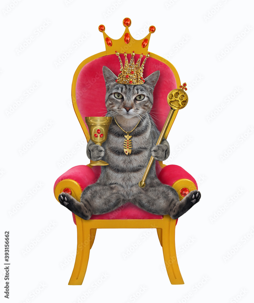 A gray cat king in a gold crown holds a scepter and a goblet in a red throne. White background. Isolated.