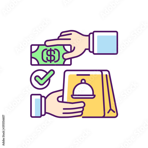 Cash on delivery RGB color icon. Advance payment. Meals and drinks delivery from local restaurants. Courier service. Online ordering for takeout. Ready-made dishes. Isolated vector illustration