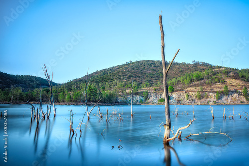 reservoir of acidic waters of deep blue color with dead trees inside