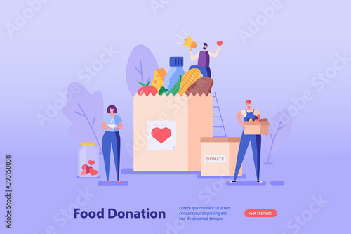 Man holds a food box in hands, woman holding a plate. Concept of help, social care, volunteering, support for poor people, food donation, charity. Cartoon flat vector illustration for web banner