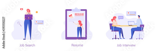 Woman with briefcase is looking for a job, applicant fills out resume, employer is interviewing. Set of job search, resume, job interview. Vector illustration in flat design