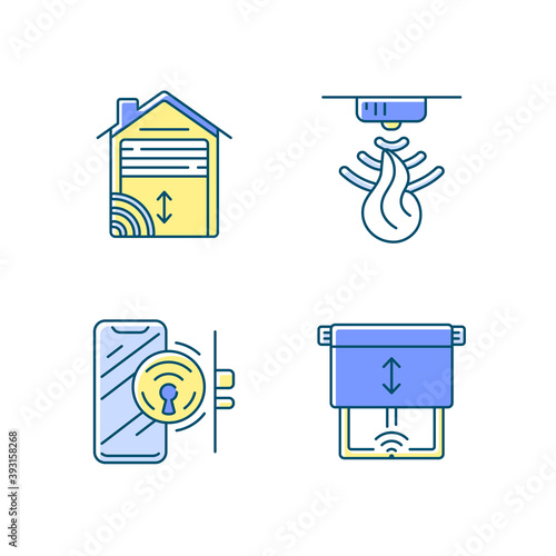 Remote home control system RGB color icons set. Wireless garage door opener. Fire sensor for securing your home from accidents. Isolated vector illustrations