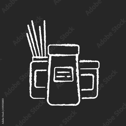 Storage container chalk white icon on black background. Grain in tin with lid. Pot for condiments. Food preservation for home pantry. Household kitchen tool. Isolated vector chalkboard illustration