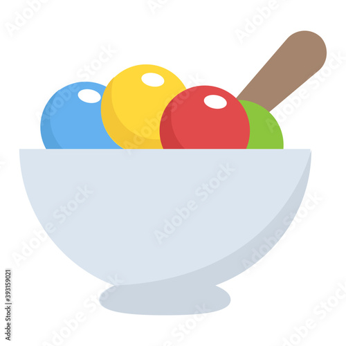 
A bowl with spoon and three different flavor of scoops
