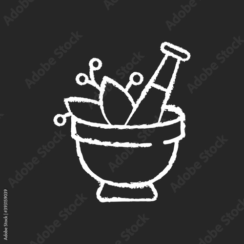 Mortar and pestle chalk white icon on black background. Kitchen tool to mesh herbs. Cooking utensil to mix condiments. Food cooking. Seasoning preparation. Isolated vector chalkboard illustration