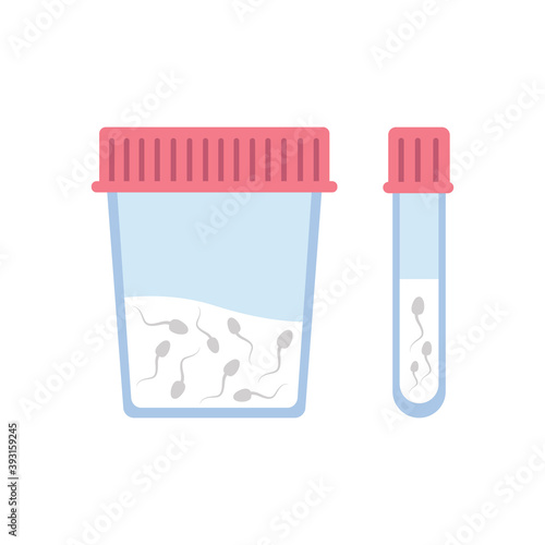 Semen container and test tube in flat style on white background. Concept of sperm donation and infertility testing. Modern vector illustration