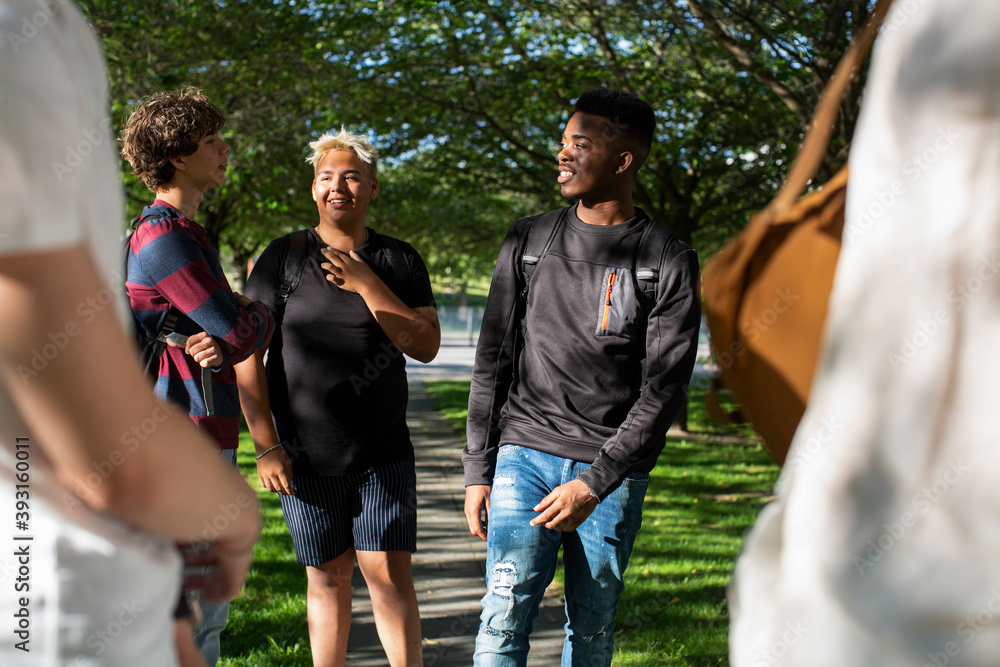 Smiling male friends talking while standing in park Smiling male friends talking while standing in park
