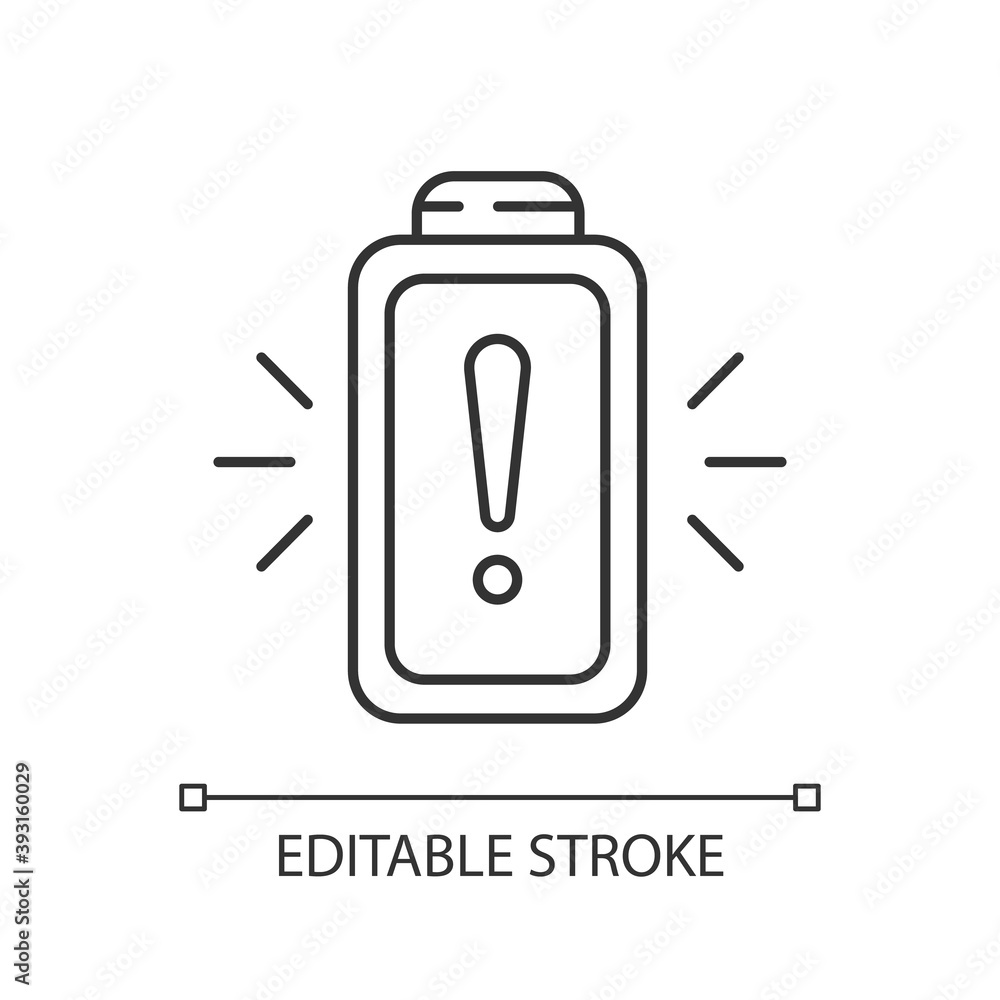 Battery working process risk linear icon. Devices chargers work issues. Dangerous power encrease. Thin line customizable illustration. Contour symbol. Vector isolated outline drawing. Editable stroke