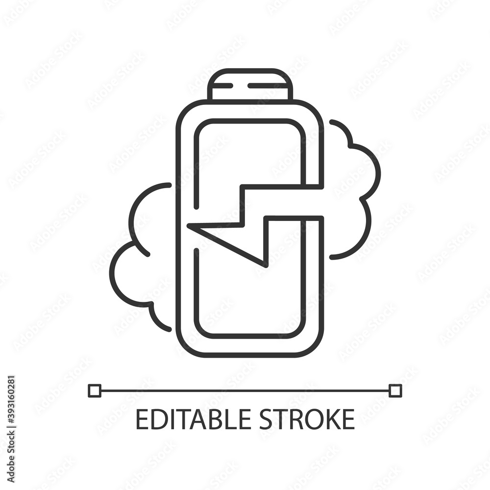 Battery breaking linear icon. Power bank explosion. Dangerous device issues. High heating device. Thin line customizable illustration. Contour symbol. Vector isolated outline drawing. Editable stroke Battery breaking linear icon. Power bank explosion. Dangerous device issues. High heating device. Thin line customizable illustration. Contour symbol. Vector isolated outline drawing. Editable stroke