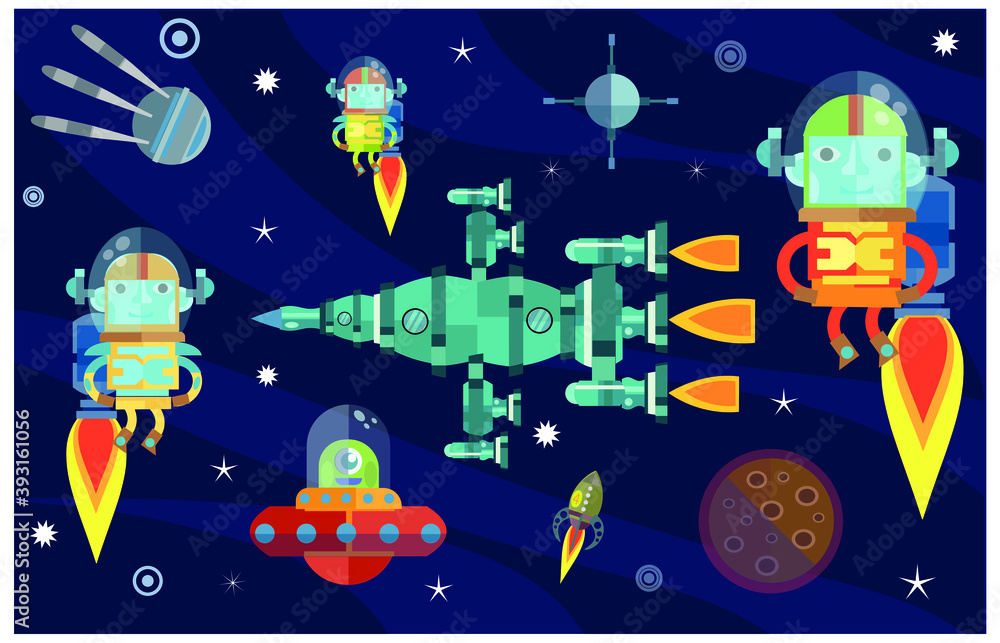 Naklejka premium space explorers and spaceships in outer space with planets and stars