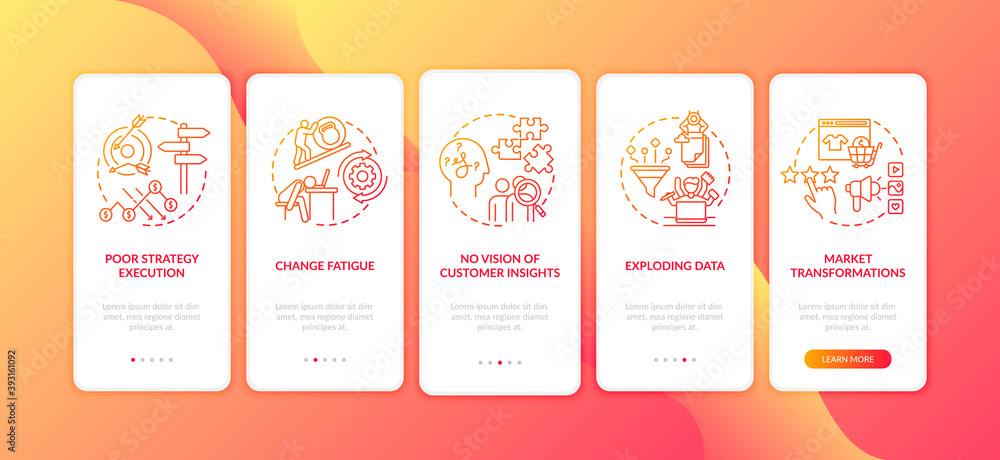 Business problems onboarding mobile app page screen with concepts. Change fatigue, exploding data walkthrough 5 steps graphic instructions. UI vector template with RGB color illustrations