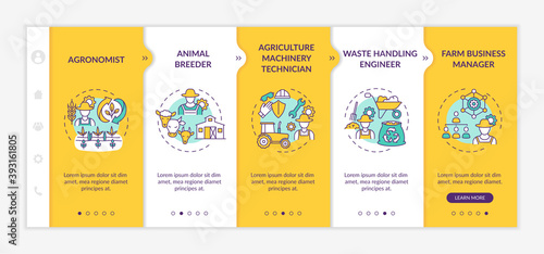Top agriculture careers onboarding vector template. Agronomist working place. Farm animal breeder. Responsive mobile website with icons. Webpage walkthrough step screens. RGB color concept