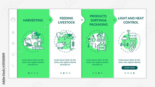Agriculture machines types onboarding vector template. Crop harvesting. Feeding livestock. Responsive mobile website with icons. Webpage walkthrough step screens. RGB color concept