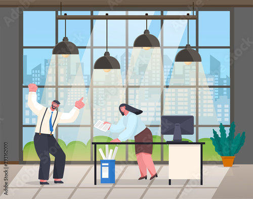 Unorganized office worker panic. Angry boss man swear at worker woman looking through documents, stressing, confused. Female made mistake in report. Chaos in office. Stylish design of office