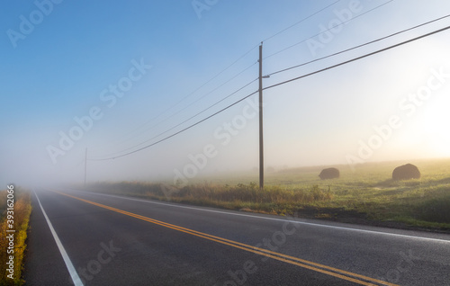 Empty, foggy, rural farm country road in the early morning sunlight with powerlines © Eric Dale Creative