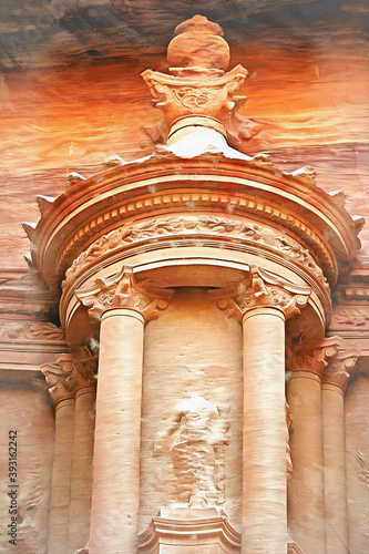 Al Khazneh tomb colorful painting looks like picture, Petra, Jordan. photo