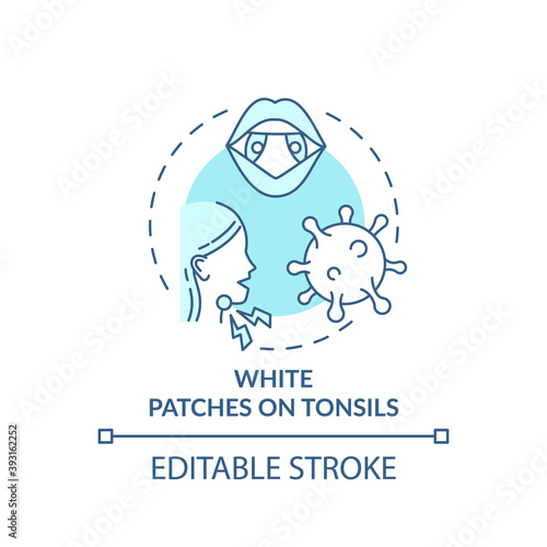 White patches on tonsils concept icon. Tonsillitis sign idea thin line illustration. Medical condition. Sore throat symptom. Vector isolated outline RGB color drawing. Editable stroke