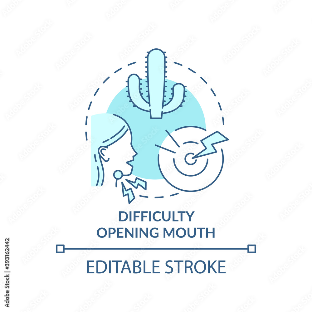 Fototapeta premium Difficulty opening mouth concept icon. Sore throat complication idea thin line illustration. Viral infection. Jaw pain and swelling. Vector isolated outline RGB color drawing. Editable stroke