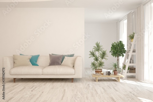 White living room with sofa. Scandinavian interior design. 3D illustration