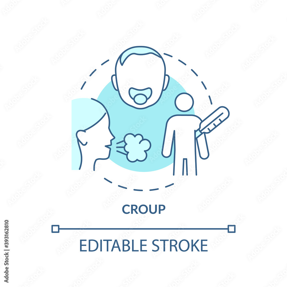 Croup concept icon. Respiratory infection idea thin line illustration. Trouble breathing. Barking cough, fever, runny nose. Vector isolated outline RGB color drawing. Editable stroke Croup concept icon. Respiratory infection idea thin line illustration. Trouble breathing. Barking cough, fever, runny nose. Vector isolated outline RGB color drawing. Editable stroke