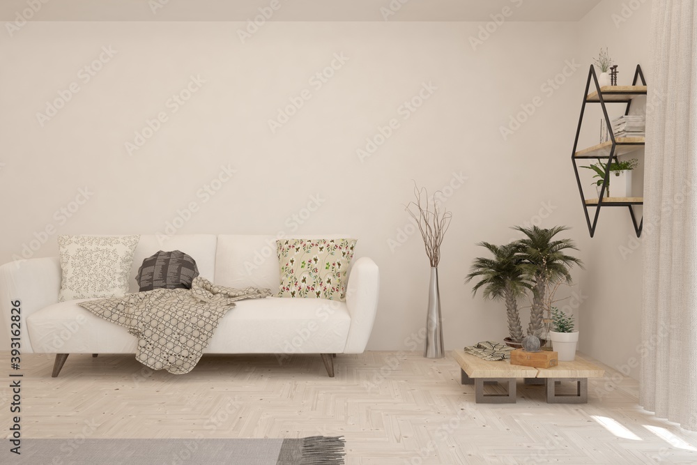 Fototapeta premium White living room with sofa. Scandinavian interior design. 3D illustration