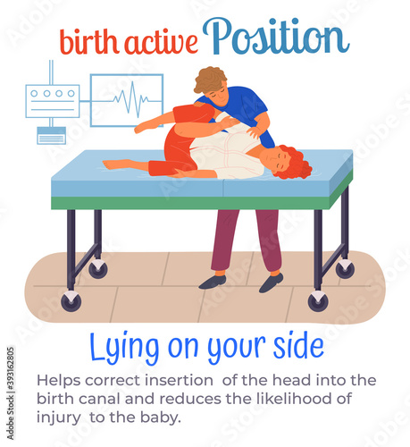 Birth active position lying on your side, man help pregnant woman during birth pains, female with belly at medical bed, comfortable posture for birthing, useful poster or banner with text information