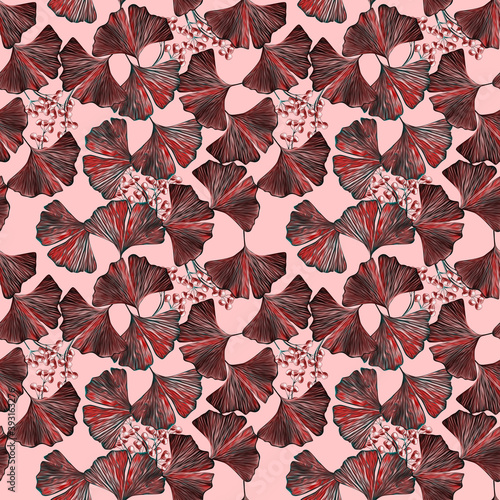 Ginkgo leaves with berries seamless pattern.