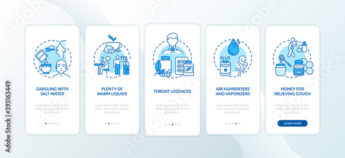 Pharyngitis treatment onboarding mobile app page screen with concepts. Home medicine, air humidifiers walkthrough 5 steps graphic instructions. UI vector template with RGB color illustrations