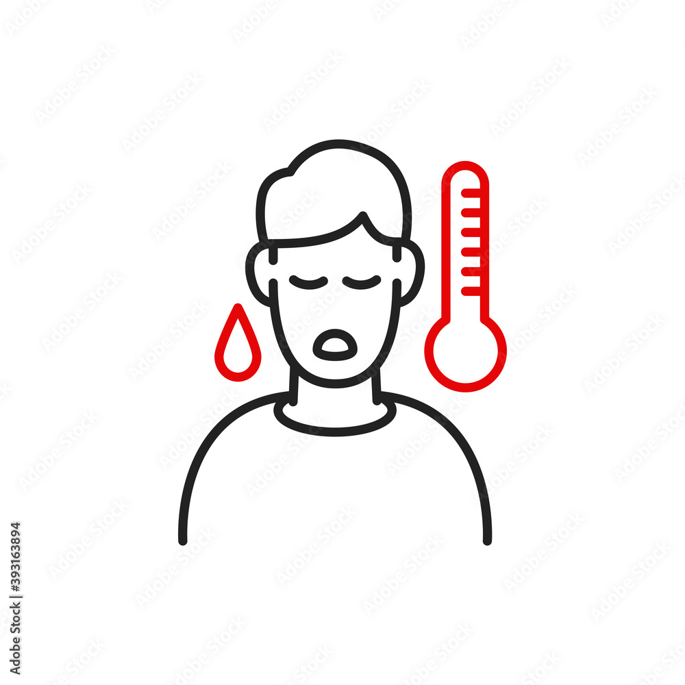 Sick man with thermometer line icon, covid-19 and coronavirus, high temperature sign, vector graphics, a linear icon on a white background, eps 10. Sick man with thermometer line icon, covid-19 and coronavirus, high temperature sign, vector graphics, a linear icon on a white background, eps 10.