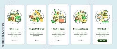 Green indoor environment onboarding mobile app page screen with concepts. Home interior with plants. Biophilia walkthrough 5 steps graphic instructions. UI vector template with RGB color illustrations