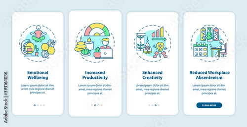 Indoor environment onboarding mobile app page screen with concepts. Reduced workplace absenteeism. Office walkthrough 5 steps graphic instructions. UI vector template with RGB color illustrations