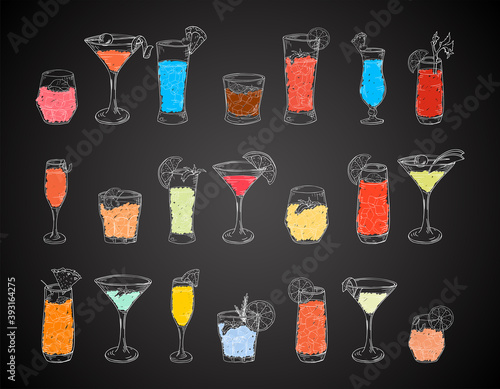 Cocktails hand drawn set in sketch style. Alcoholic drinks in different glass isolated on chalk background.Beverage elements for bar menu or poster. Vector illustration