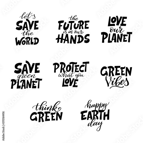 Set of hand drawn eco lettering posters. Think green. Ecology theme template with lettering. Vector illustration on white background