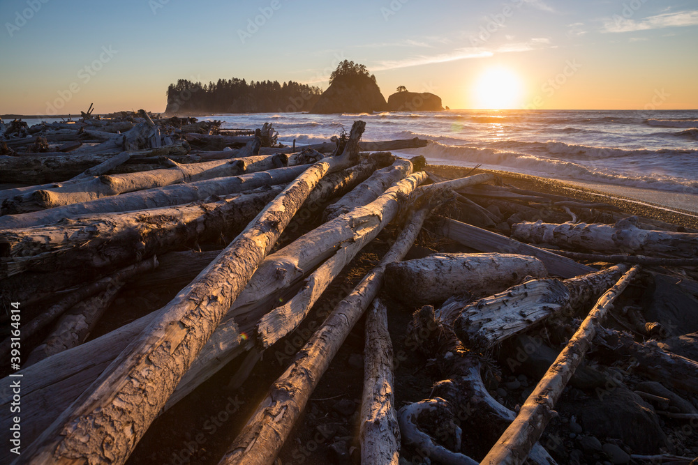 Beautiful landscape of Rialto Beach at sunset in Olympic National Park (Washington).