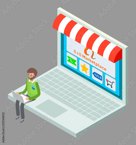 Online shop, isometric 3d laptop. Customer man choosing products at website. Coupon with discount, special price star, sale button, shopping cart. B2b marketplace. Spending money at goods in e-store