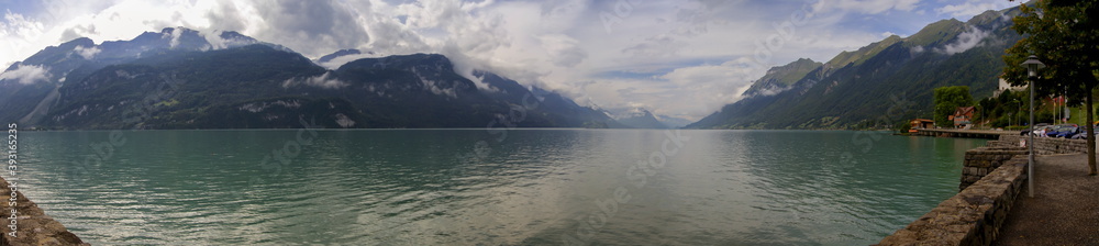 Panorama at Brienz lake and Alps mountains by cloudy day, Switzerland