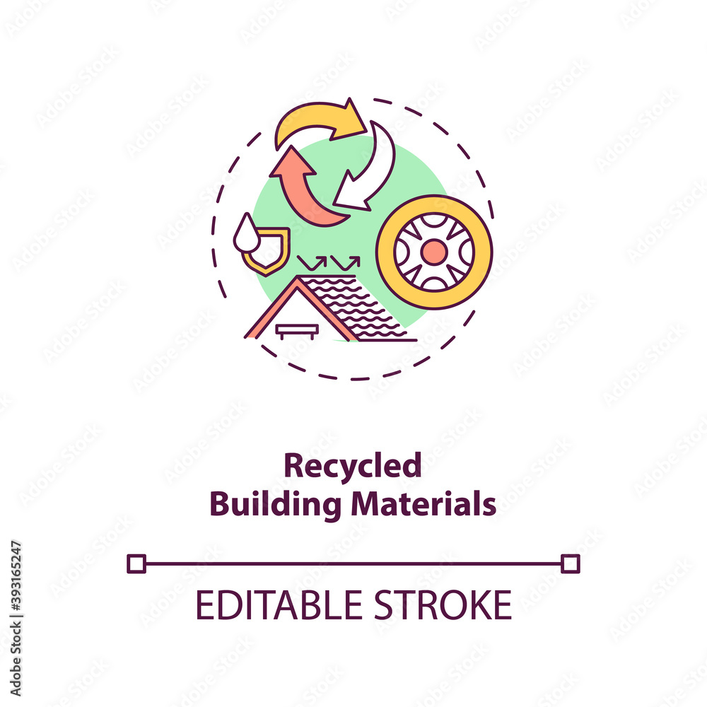 Recycled building materials concept icon. Eco friendly resources. House construction. Reuse waste. Biophilia idea thin line illustration. Vector isolated outline RGB color drawing. Editable stroke