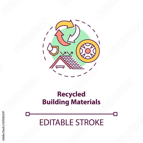 Recycled building materials concept icon. Eco friendly resources. House construction. Reuse waste. Biophilia idea thin line illustration. Vector isolated outline RGB color drawing. Editable stroke