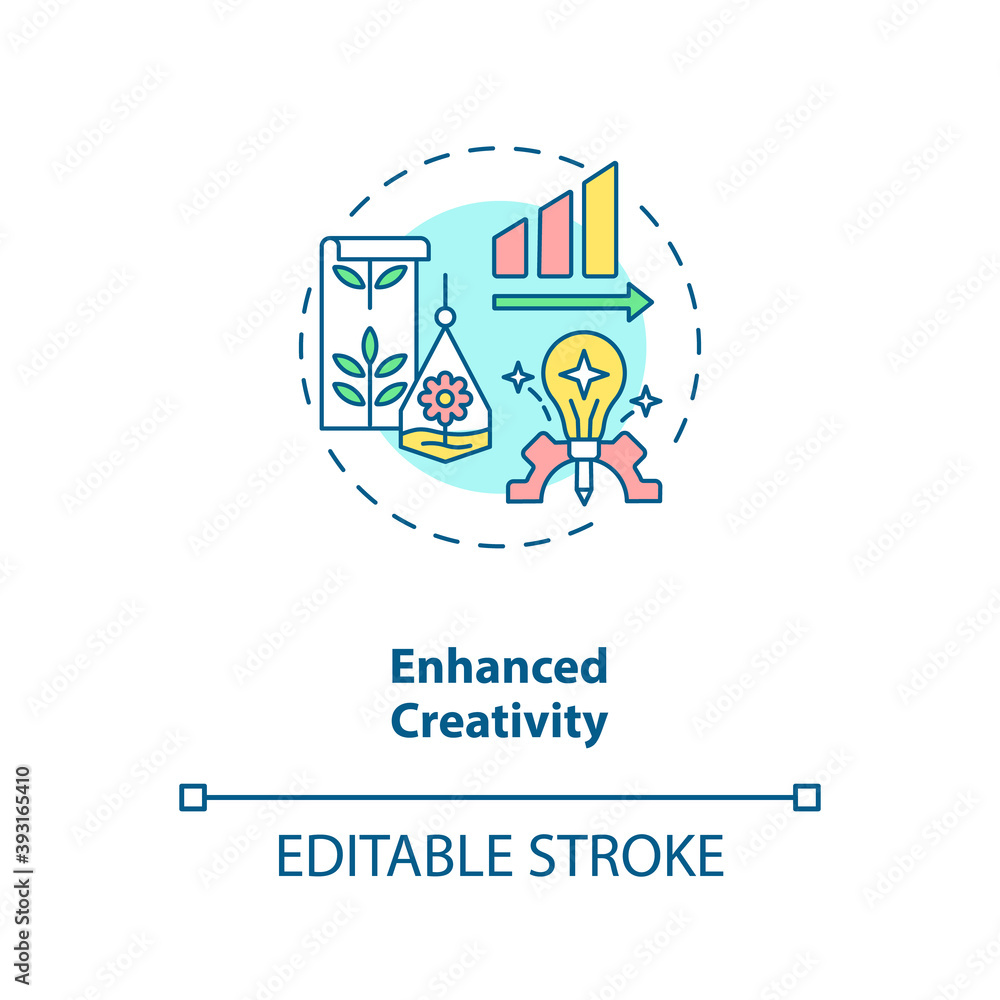 Enhanced creativity concept icon. Workspace for productive work. Motivation for job performance, Biophilia idea thin line illustration. Vector isolated outline RGB color drawing. Editable stroke Enhanced creativity concept icon. Workspace for productive work. Motivation for job performance, Biophilia idea thin line illustration. Vector isolated outline RGB color drawing. Editable stroke