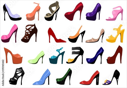 High heels. Set of Womens shoes vector flat fashion design