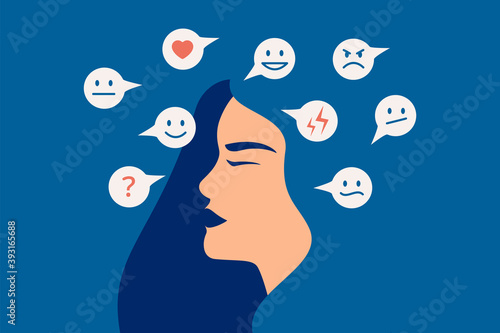 Mood swing concept. Many emotions surround young female with Bipolar disorder. Woman suffers from hormonal with a change in mood. Mental health vector illustration