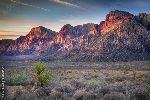 Scenic view of red rock canyon mountain during sunrise photo