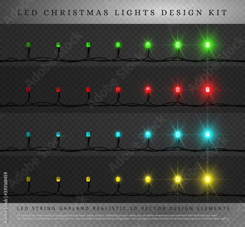 LED Christmas String Lights with different phase of Light. Decoration Elements for Holidays Design. Block structure, easy editing, animation. Have instruction. Realistic Vector Design Kit