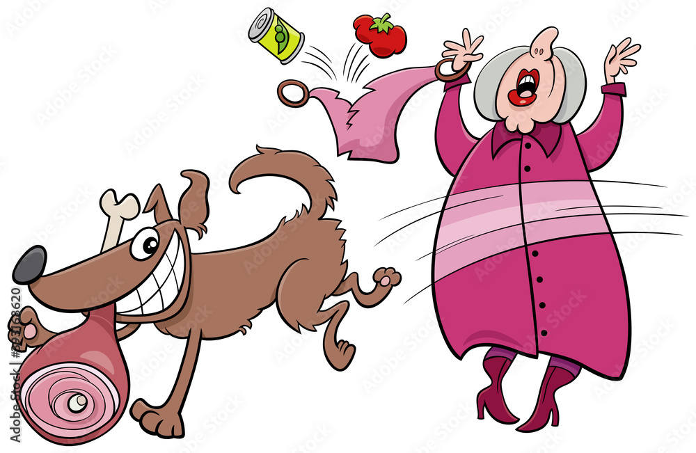 Fototapeta premium cartoon naughty dog stealing ham from an old lady