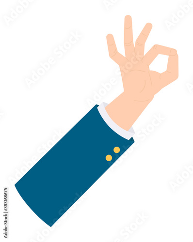 Isolated businessman s hand show ok sign. Hand showing okey symbol. Isolated person s hand gesturing. Good, cool job. Approval gesture icon. Vector illustration in flat style. Businessperson hand