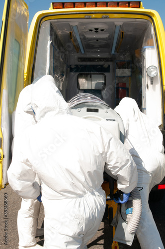 ambulance bed preparing for ebola, covid or pandemic virus photo