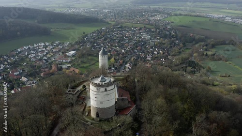 The fairytale castle burg Plesse in Bovenden near Göttingen Goettingen at sunrise, Lower Saxony, Germany. Drone aerial shot of the Plesseburg in late autumn. photo