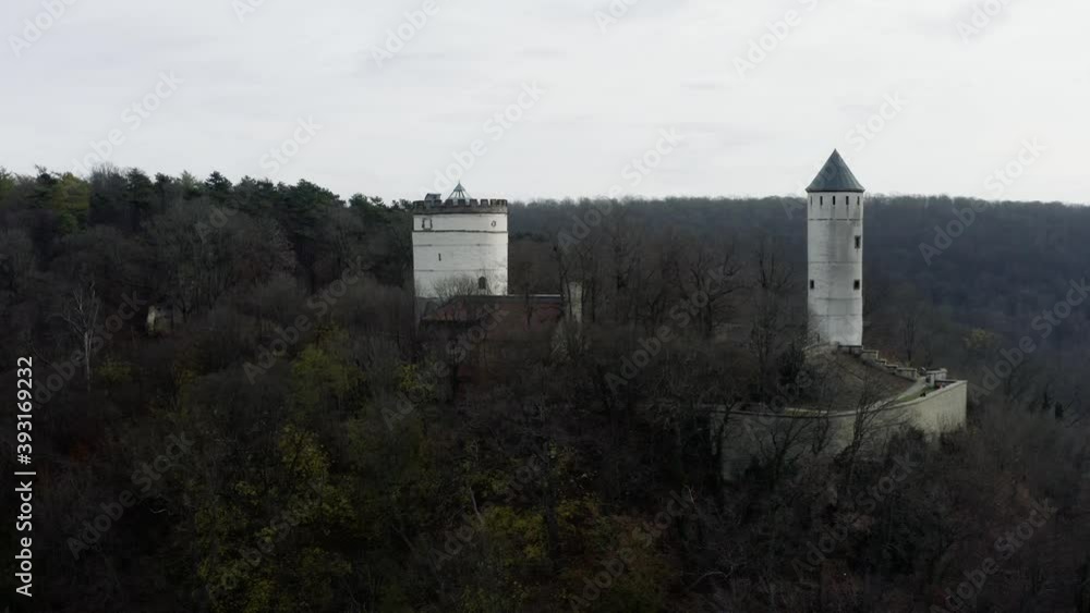 The fairytale castle burg Plesse in Bovenden near Göttingen Goettingen at sunrise, Lower Saxony, Germany. Drone aerial shot of the Plesseburg in late autumn. The fairytale castle burg Plesse in Bovenden near Göttingen Goettingen at sunrise, Lower Saxony, Germany. Drone aerial shot of the Plesseburg in late autumn.